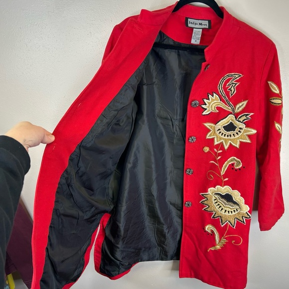 Indigo Moon M Red Floral Embroidered Jacket Floral Oriental Mandarin Buttons - Picture 8 of 15